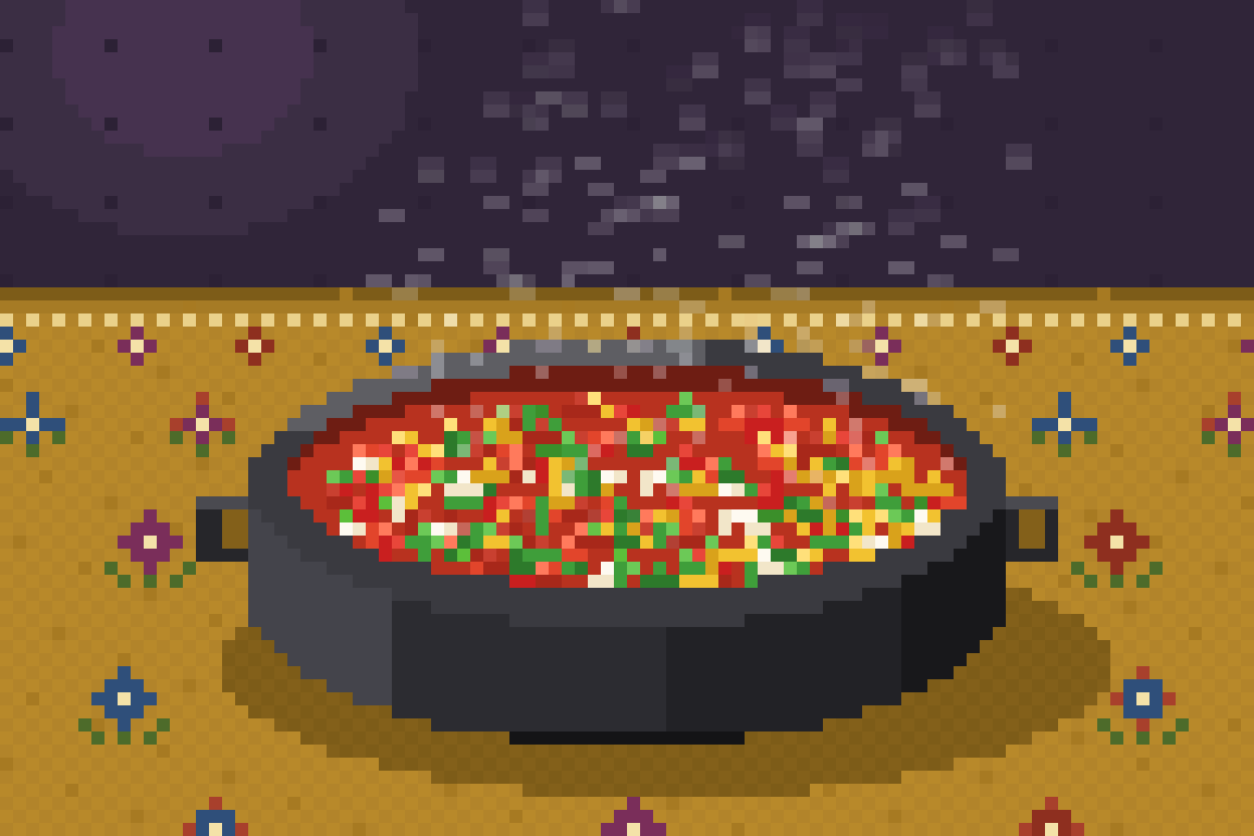 Pixel art GIF of steaming sataraš in a Dutch oven